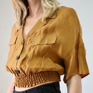Light Brown Short Sleeve Zara Cropped Button Down